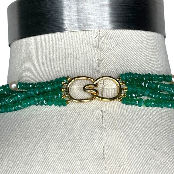 Green Crystal and Pearl Multi Layer Beaded Collar Necklace Fashion Jewelry - Picture 3 of 4